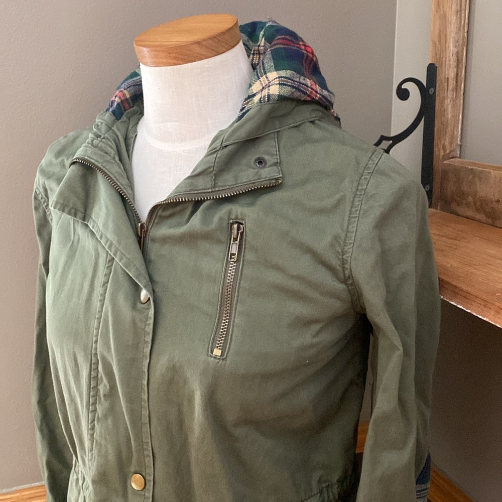 Mine olive green & plaid utility jacket with hood size large - Picture 3 of 9